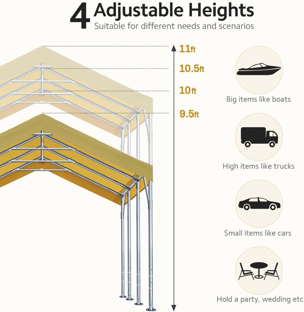 ADVANCE OUTDOOR 12x20 ft Canopy Garage Heavy Duty Carport Car Boat Shelter Party Tent, Adjustable Peak Height from 9.5ft to 11ft, Beige