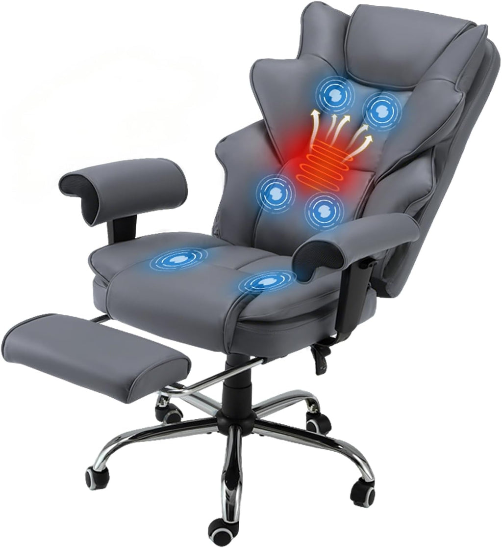 HOMREST Grey Ergonomic Office Chair with 6-Point Vibration Massage & Heat – Reclining Executive Chair with Adjustable Footrest and Armrests, PU Leather Big and Tall Home Office Desk Chair