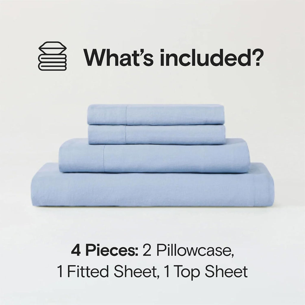 Sijo Stone Washed Organic French Linen Bed Sheet Set, GOTS Certified Organic, Best Cooling Linen Sheet Award by Sleep Foundation, 4 Piece - 2 Pillowcases, 1 Fitted and 1 Flat (Sky, Queen)