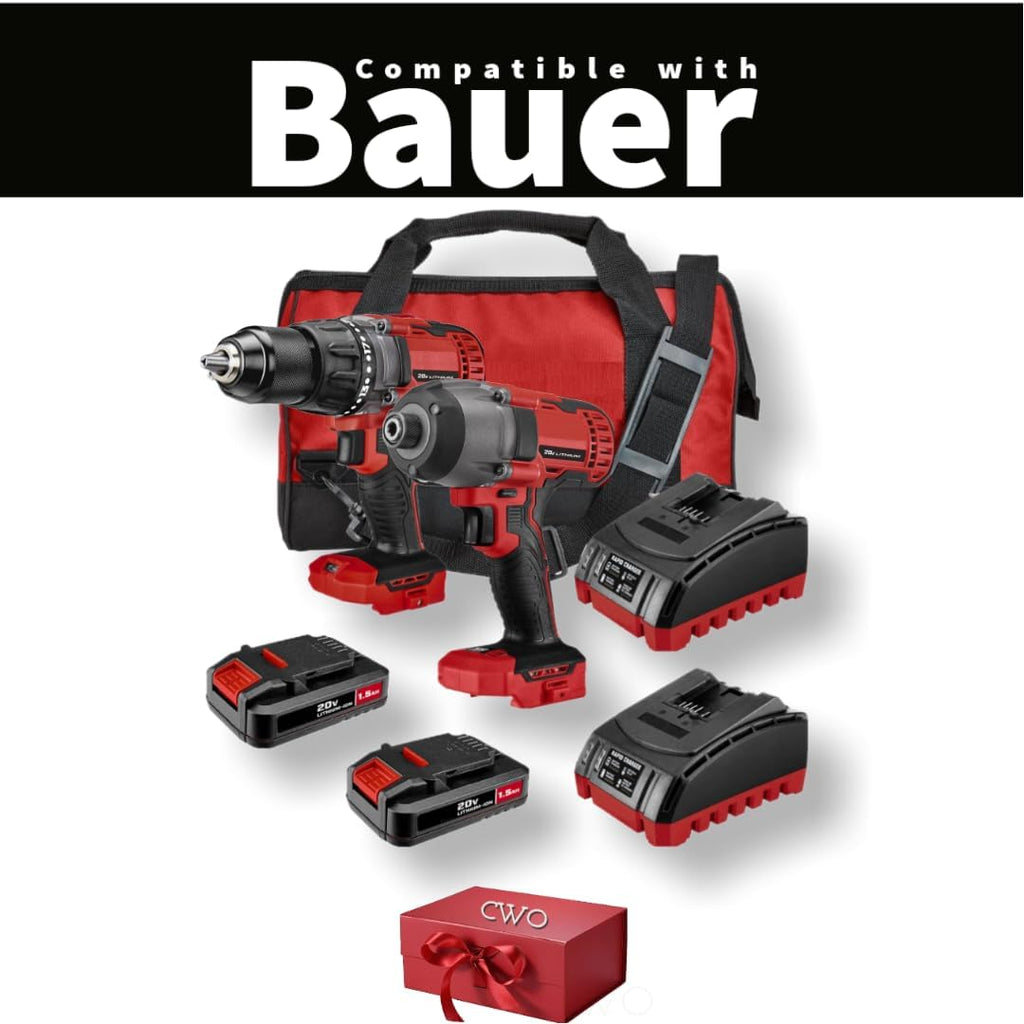NEW! Fits BAUER 20-Volt Lithium-Ion Cordless Combo Kit (2-Tool Bundle) with 1/2 In. Drill/Driver, 1/4 In. Impact Diver, (2) 1.5Ah Batteries, (2) Chargers & (2) Bags (Plus Bonus 20V Gift Tool Included)