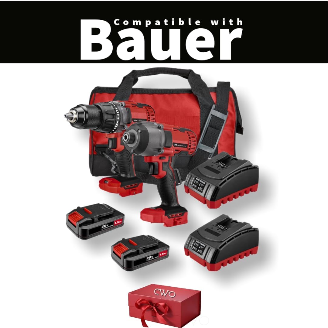 NEW! Fits BAUER 20-Volt Lithium-Ion Cordless Combo Kit (2-Tool Bundle) with 1/2 In. Drill/Driver, 1/4 In. Impact Diver, (2) 1.5Ah Batteries, (2) Chargers & (2) Bags (Plus Bonus 20V Gift Tool Included)