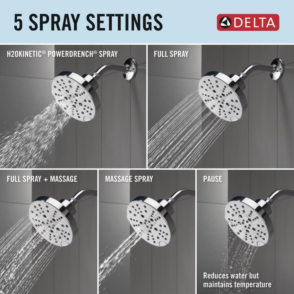 Delta Nicoli 14 Series H2Okinetic Shower Faucet Set, Chrome Shower Head and Handle Set, Valve Trim Kit, Chrome 142749 (Valve Included)