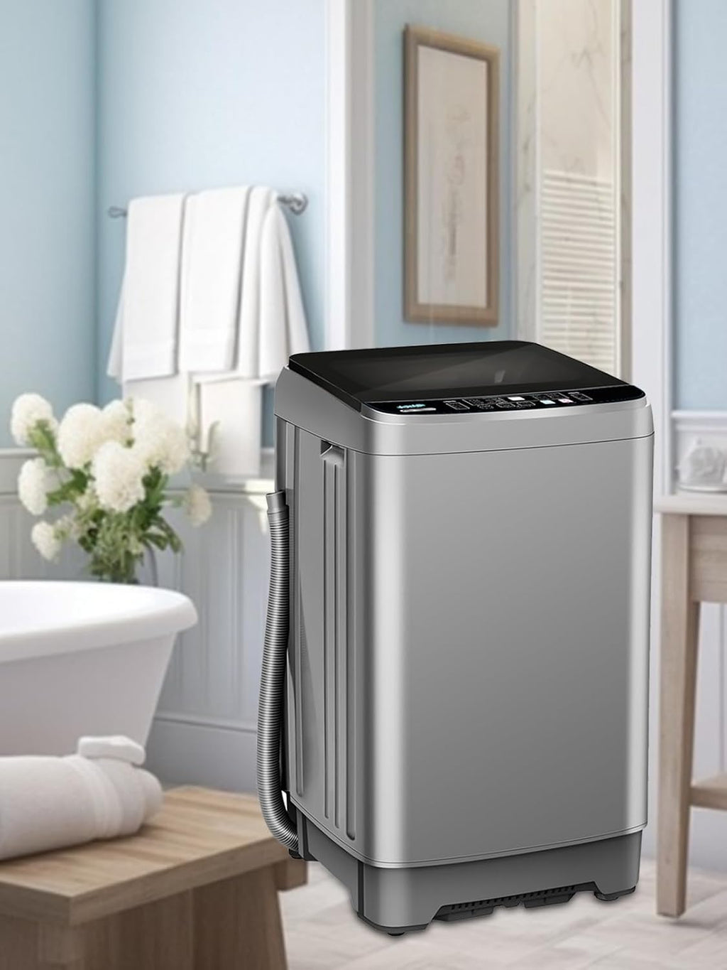 KRIB BLING Full Automatic Washing Machine with LED Display, 25 lbs Washer Drain Pump, 10 Programs & 8 Water Levels Selections, Ideal for Apartment, Dorm, Grey