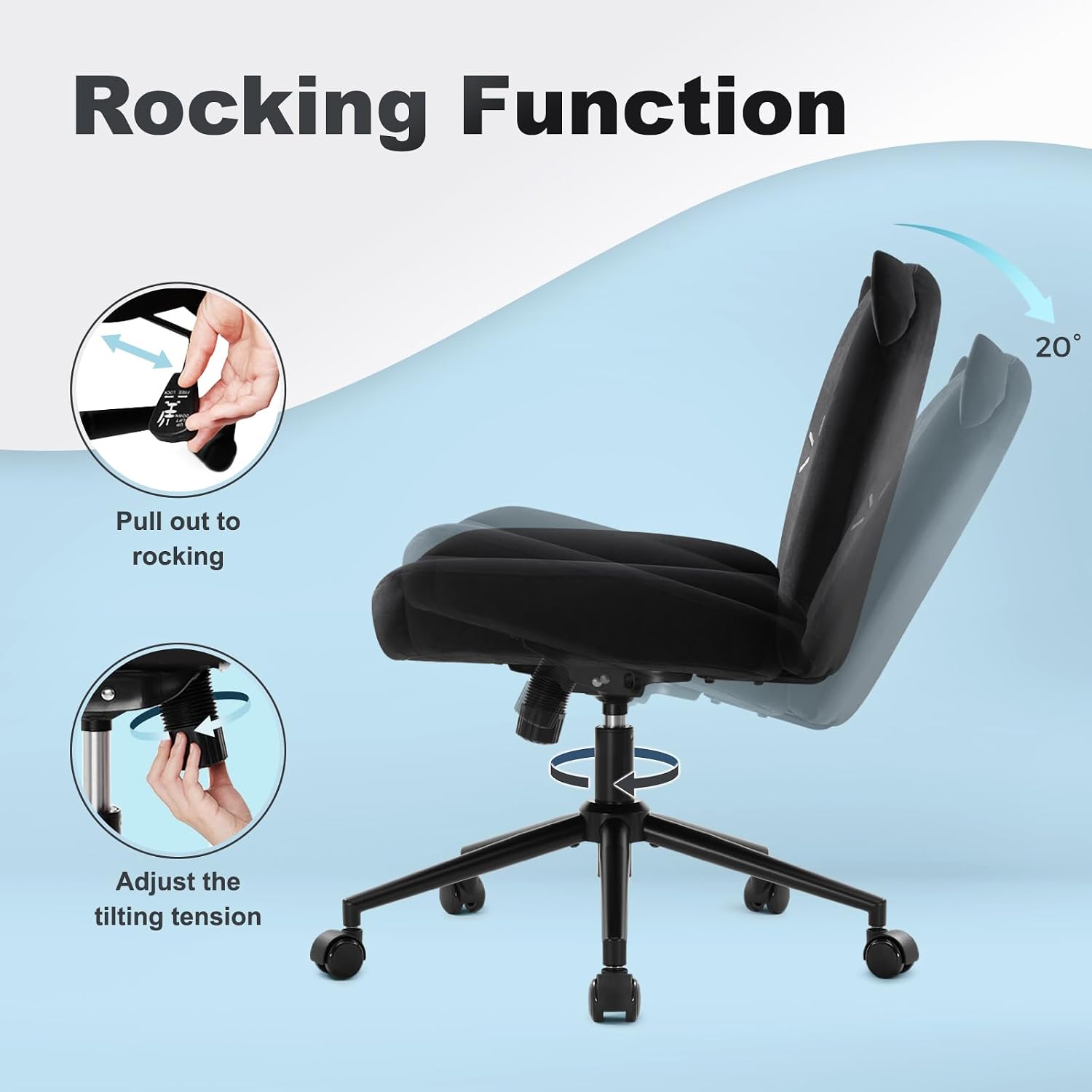 IWMH Armless Office Desk Chair with Wheels,Ergonomic Criss Cross Legged Computer Chair with Fabric Padded, Height Adjustable Wide Seat Vanity Chairs,Mid Back Task Chair for Home, Bedroom (Black Cat)