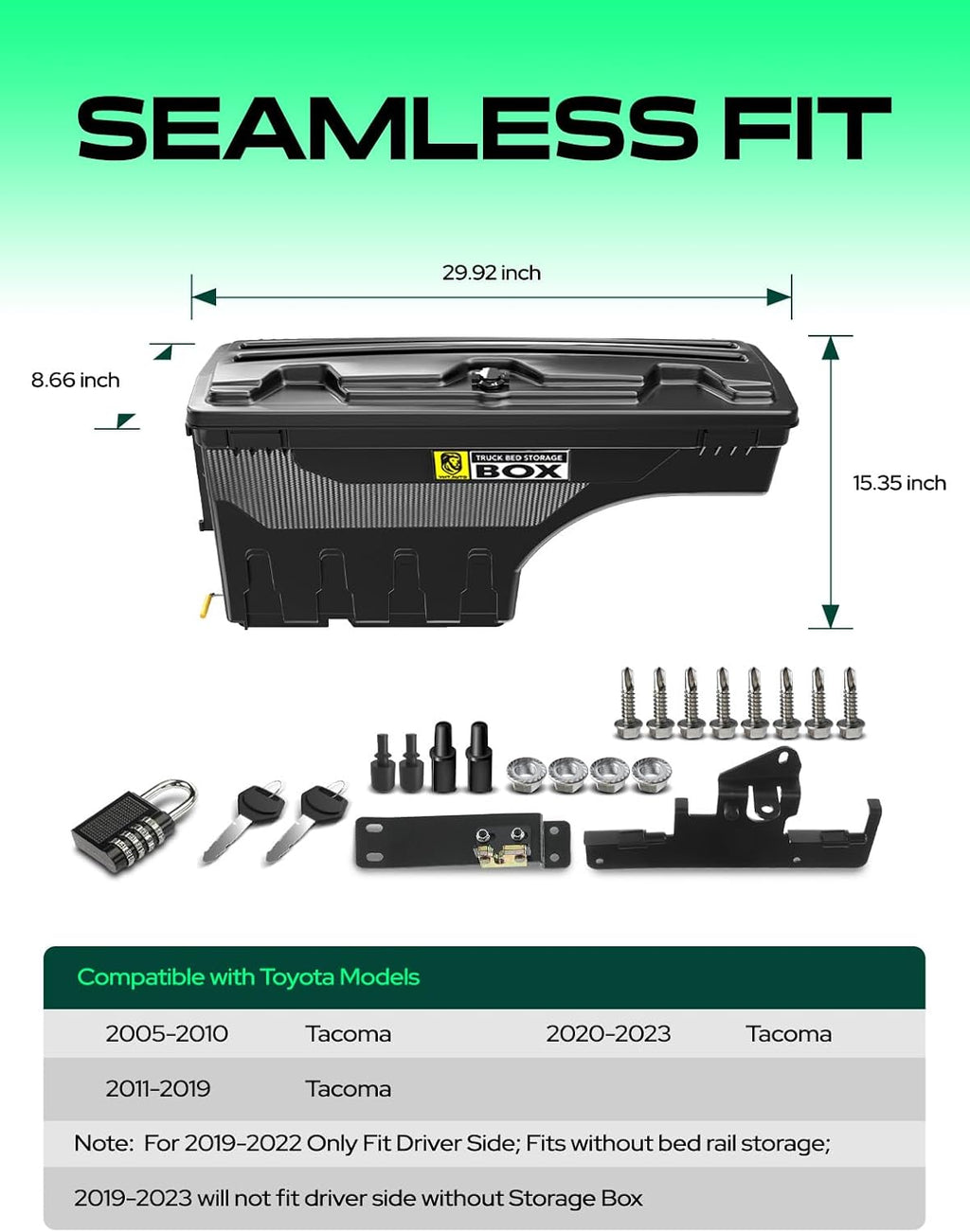 YHTAUTO Driver Side Truck Bed Storage Tool Box Lockable Compatible with 2005-2023 Toyota Tacoma, 2019-2023 with Storage Box, Swing Waterproof Wheel Well Toolbox