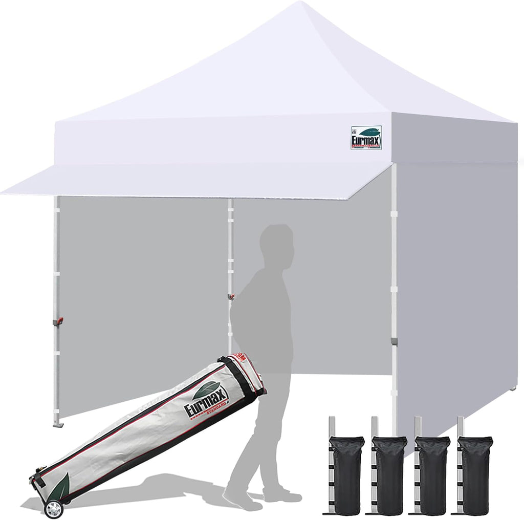 Eurmax USA 10x10 Pop Up Canopy,Commercial Tent with Patented No-Tip Rolling Bag,24sqft Extension Awning & 4 Zippered Removable Walls,UV & Water Resistant,Heavy Duty Instant Shelter Gazebo,White