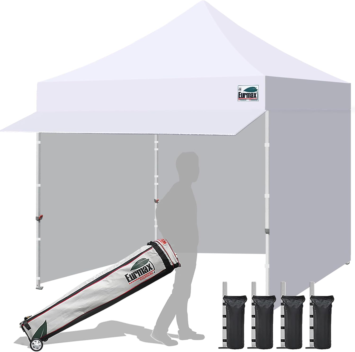 Eurmax USA 10x10 Pop Up Canopy,Commercial Tent with Patented No-Tip Rolling Bag,24sqft Extension Awning & 4 Zippered Removable Walls,UV & Water Resistant,Heavy Duty Instant Shelter Gazebo,White