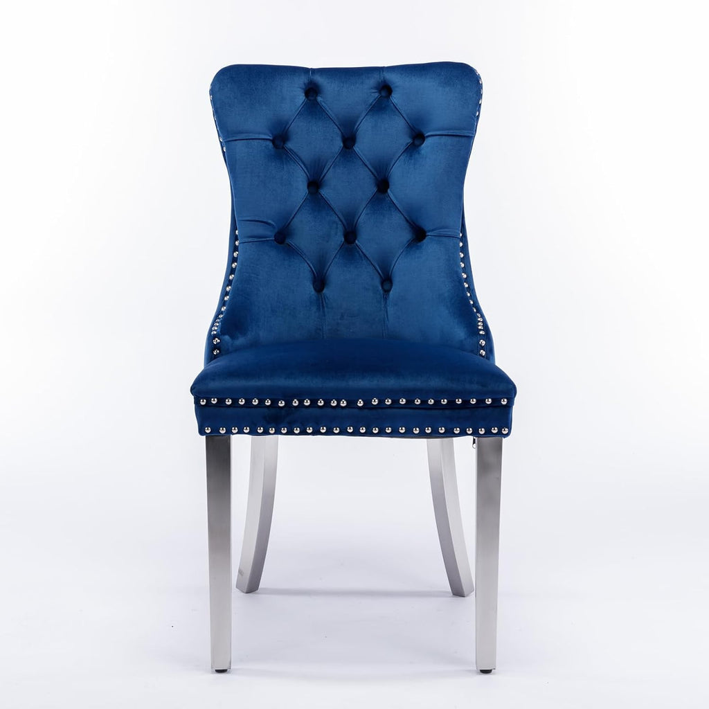 Ball & Cast Contemporary Upholstered Dining Chairs Set of 2, Velvet Button Tufted Kitchen Side-Chairs with Hang Ring & Nailhead Trims & Chrome Solid Wood Legs, 2-Piece Traditional Chair, Chrome+Blue