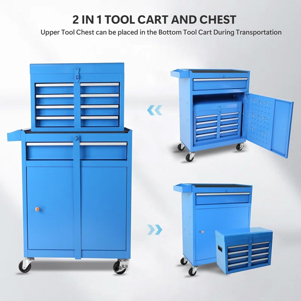 5 Drawers Rolling Tool Chest, 2-in-1 Detachable Metal Tool Storage Cabinet with Wheels, Lockable Tool Cart with Hooks for Garage, Workshop or Salon Use, Blue