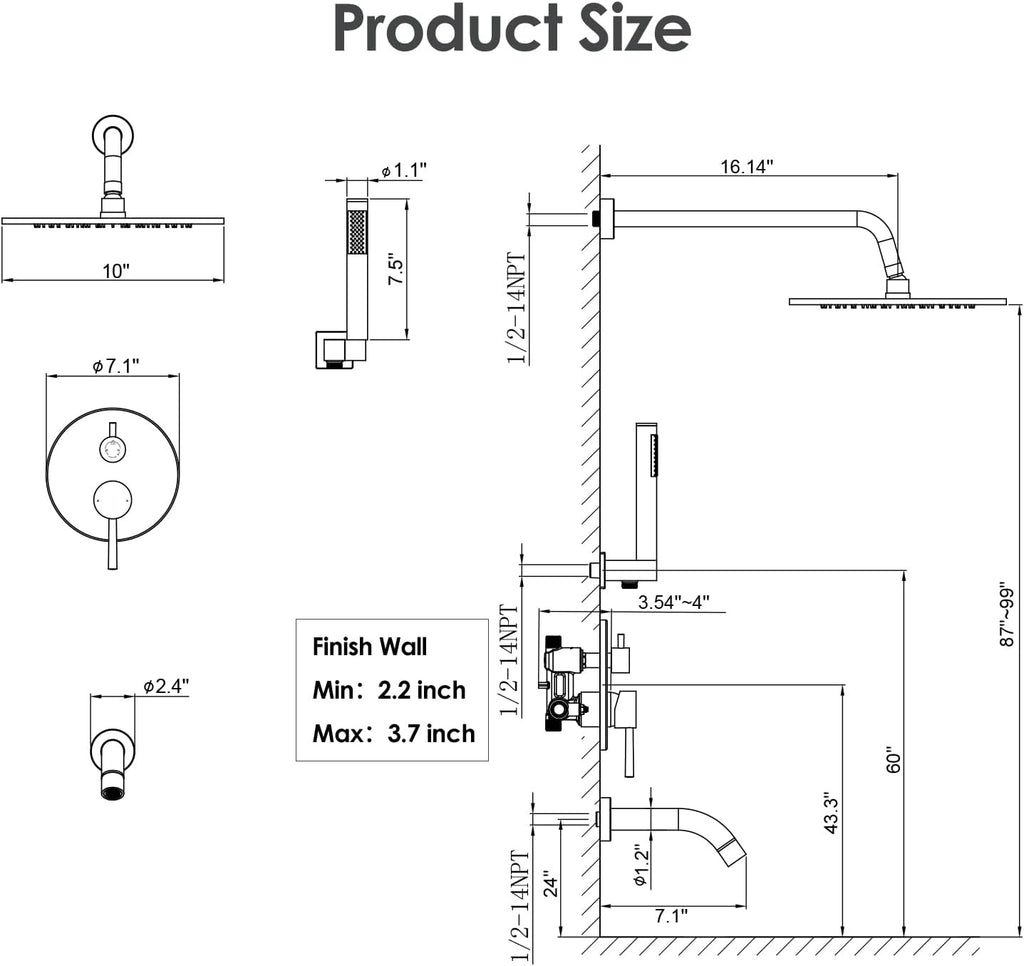 Gabrylly Shower System with Tub Spout, Bathtub Shower Faucets Set with 3-Way Shower Valve, High Pressure 10' Rain Shower head with Handheld Spray Combo, Wall Mounted Rainfall Shower Head Set, Chrome