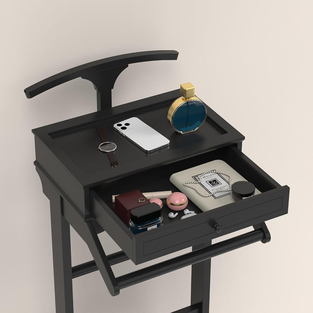 Mens Valet Stand with Drawer, Top Tray, Shoe Shelf and Suit Rack, Wooden Clothes Valet Stand for Bedroom Entryway