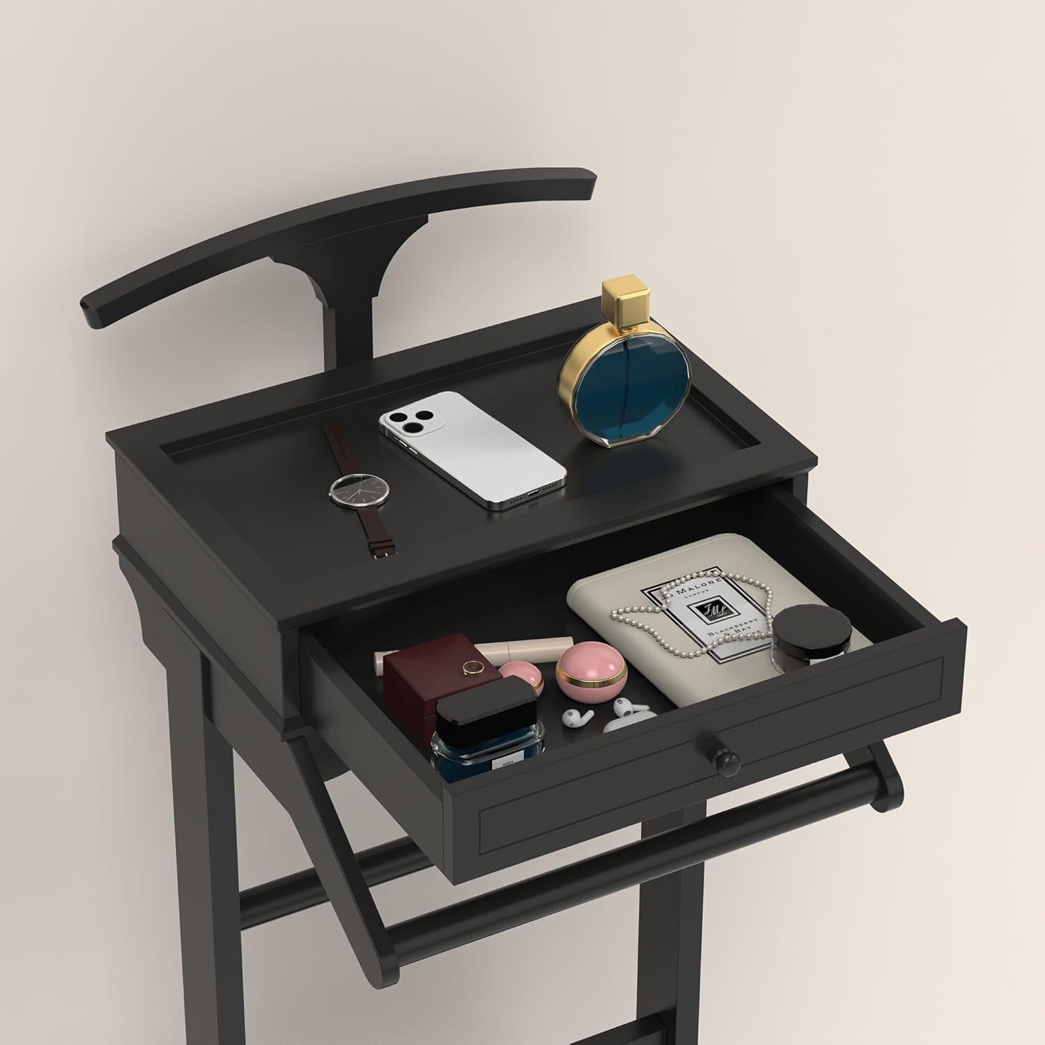 Mens Valet Stand with Drawer, Top Tray, Shoe Shelf and Suit Rack, Wooden Clothes Valet Stand for Bedroom Entryway