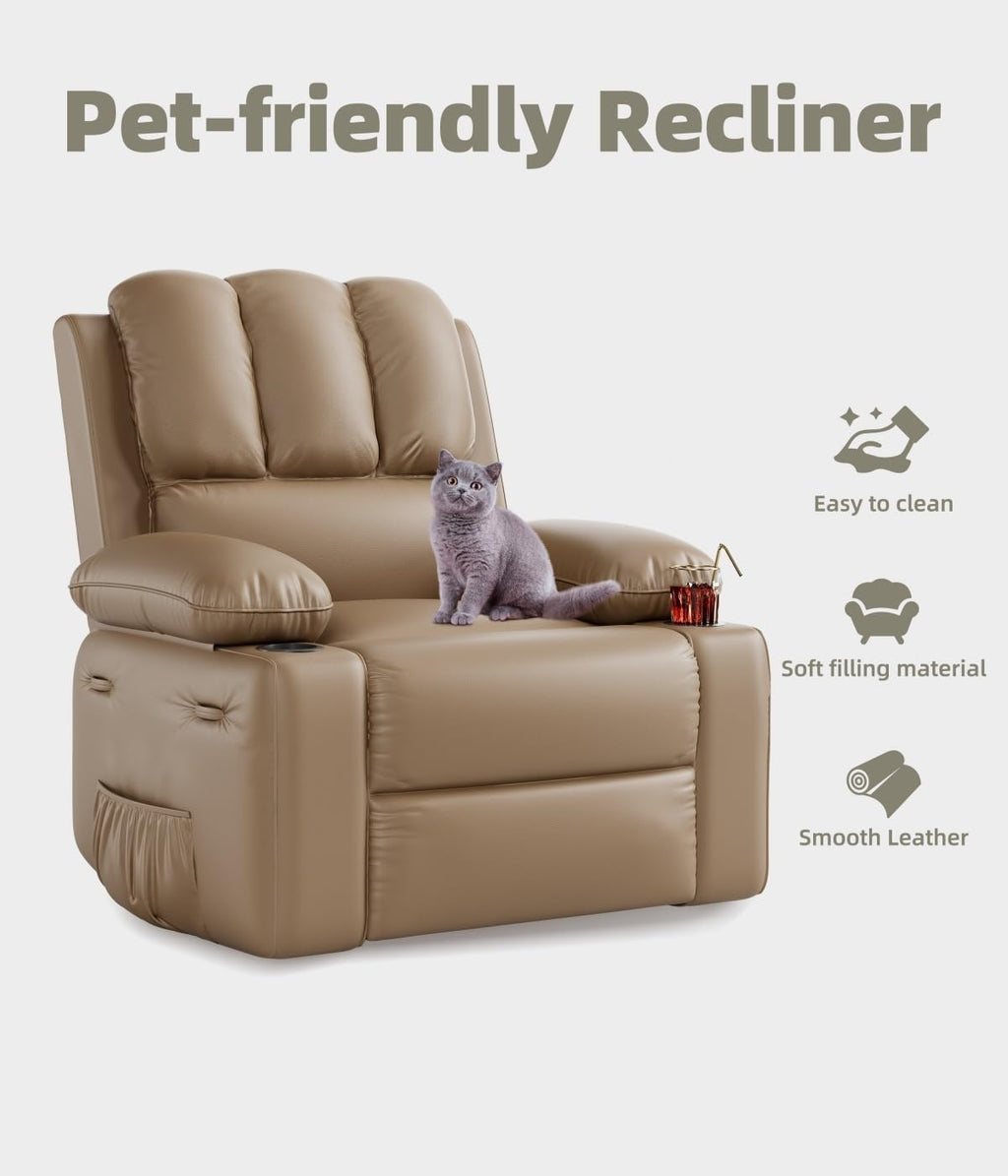 Oversized Recliner Chairs with Massage and Heat, Leather Recliner Chair for Adults, Manual Chair with Cup Holder for Living Room, Bedroom and Nursery (Tan-1)