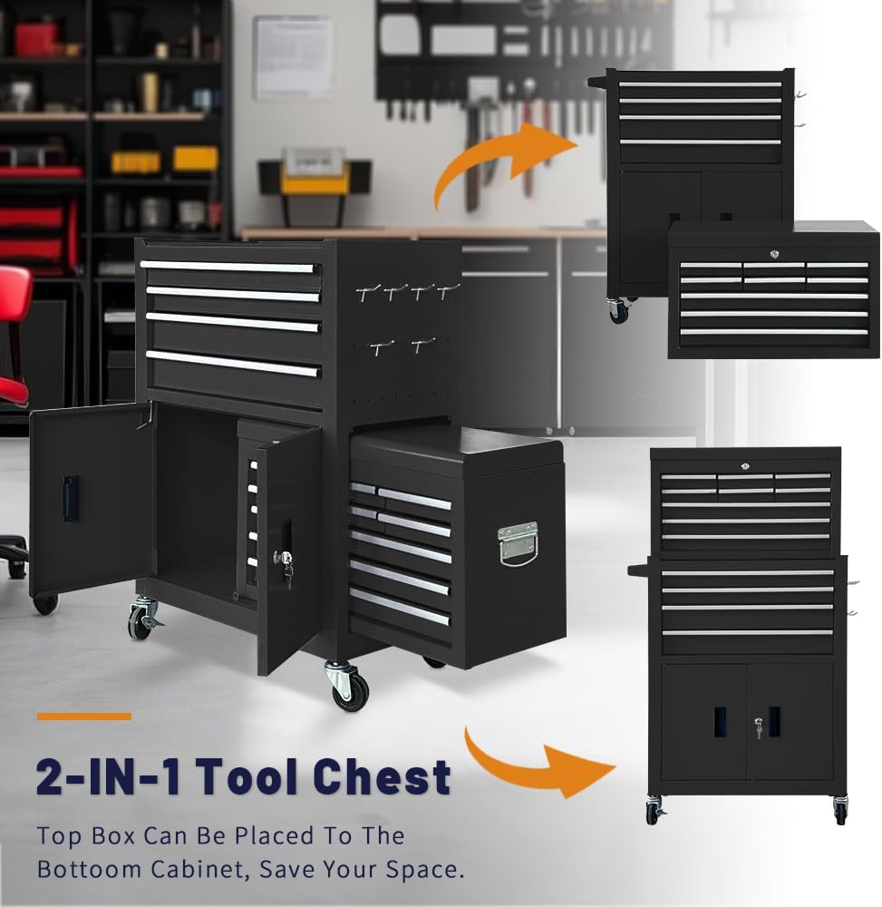 13-Drawer Rolling Tool Chest with Double Doors, 2 in 1 Detachable Rolling Tool Chest Combo, Mobile Tool Cabinet with Drawers, Metal Large Lockable Tool Box for Garage Workshop (Black)