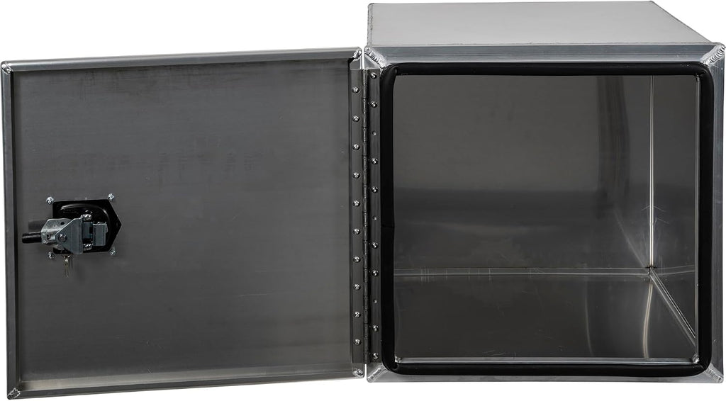 Buyers Products 1705431 Pro Series 24x24x24 Smooth Aluminum Underbody Truck Tool Box, Single Barn Door, Compression Latch, 0.125 in Thick, Rain Gutter & Bulb Seal, Bolt-On Stainless Hinge