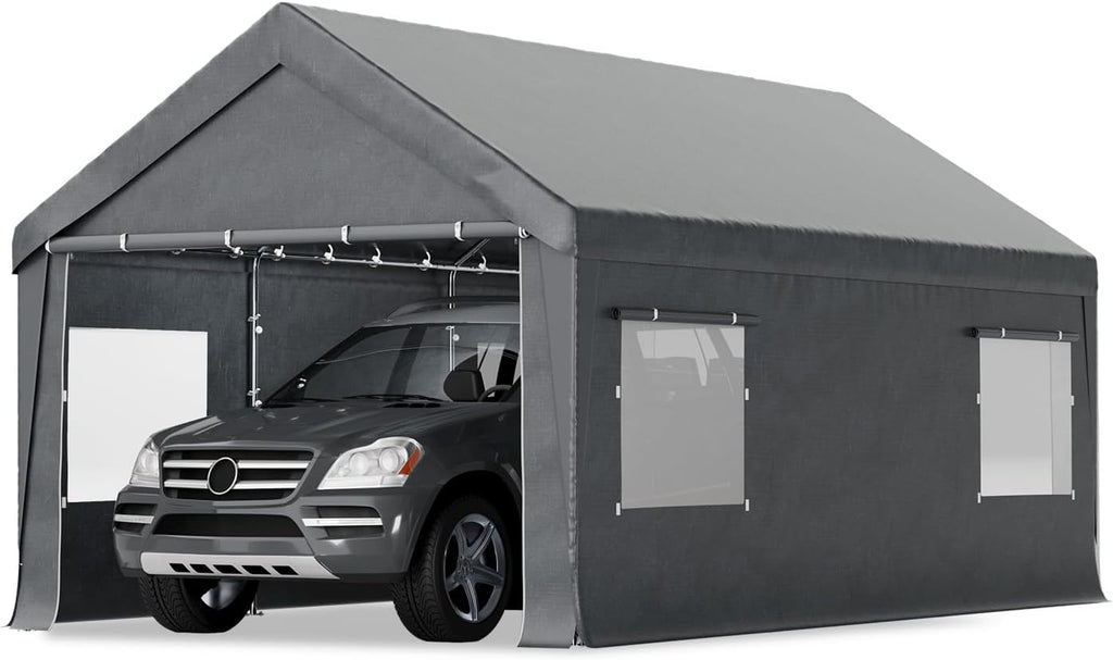 Bezseller 12x20 FT Heavy Duty Carport Canopy with Roll-Up Windows & Doors, Car Tent Portable Garage with All-Season Tarp for Cars, Boat, Trucks, Gray
