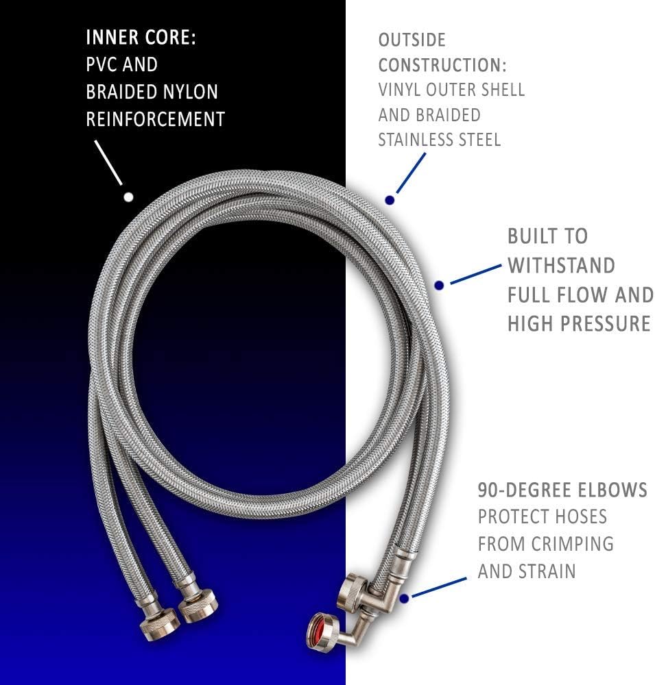 Eastman 5 ft Washing Machine Hose Connectors with Elbows, Pack of 2, 3/4 in FHT x 3/4 in FHT, Braided Stainless Steel, 41065 (Pack of 24)