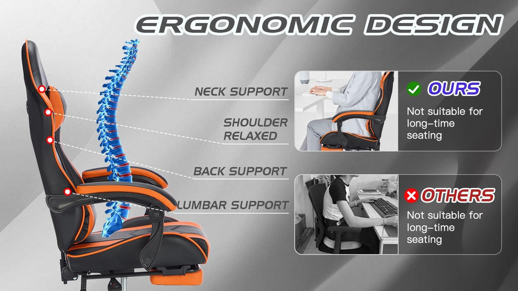 Gaming Chair with Massage and Footrest, Ergonomic High Back PC Racing Chair, 300LBS Capacity with Adjustable Lumbar Support & Headrest for Office and Desk (Model C, Orange+Black)