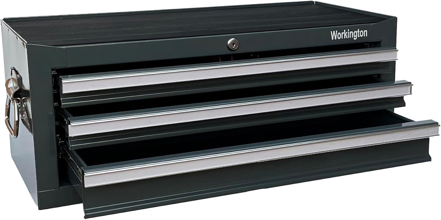Workington Industrial 3 Drawers Portable Metal Intermediate Box, 26' Middle Tool Chest Cabinet with Ball Bearing Drawer Slides, Steel Tool Storage Box Organizer 4009 Gray
