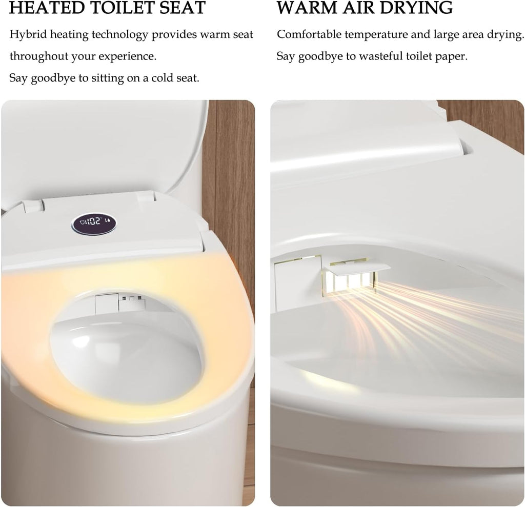 XCQQ Bidet Toilet Seat, Bidet Seat With Warm Water Wash, Heated Seat, Air Dryer, Soft Close Lid, Night Light, Self Cleaning Nozzle, LED Display, Requires Outlet - Round