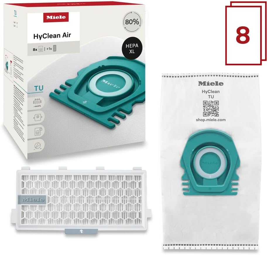 Miele HyClean Air TU Vacuum Cleaner Bags for Miele Guard L1 Vacuum Cleaners, Allergy XL Pack of 8 Vacuum Bags and 1 SF-HA 50 HEPA AirClean Filter – 12909770