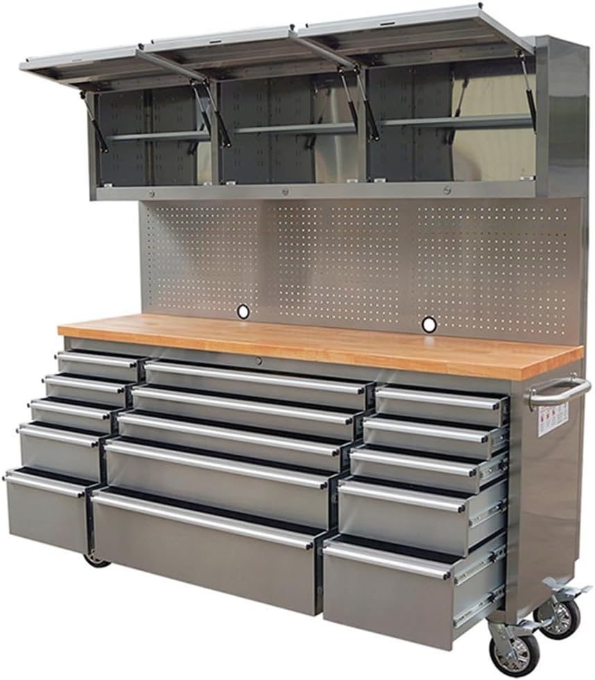 AnorTrek 72 inch 15 Drawers Tool Chest with 3 Up Cabinet & Pegboard in Stainless Steel (Stainless Steel)