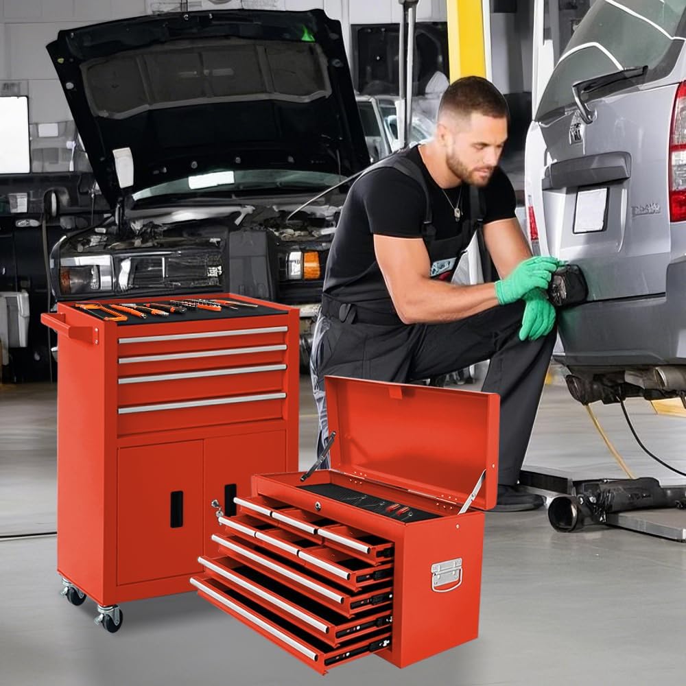 13-Drawer Rolling Tool Chest with Double Doors, 2 in 1 Detachable Rolling Tool Chest with Drawers, Metal Large Lockable Tool Box，Mobile Tool Cabinet Combo for Garage Workshop (Red)
