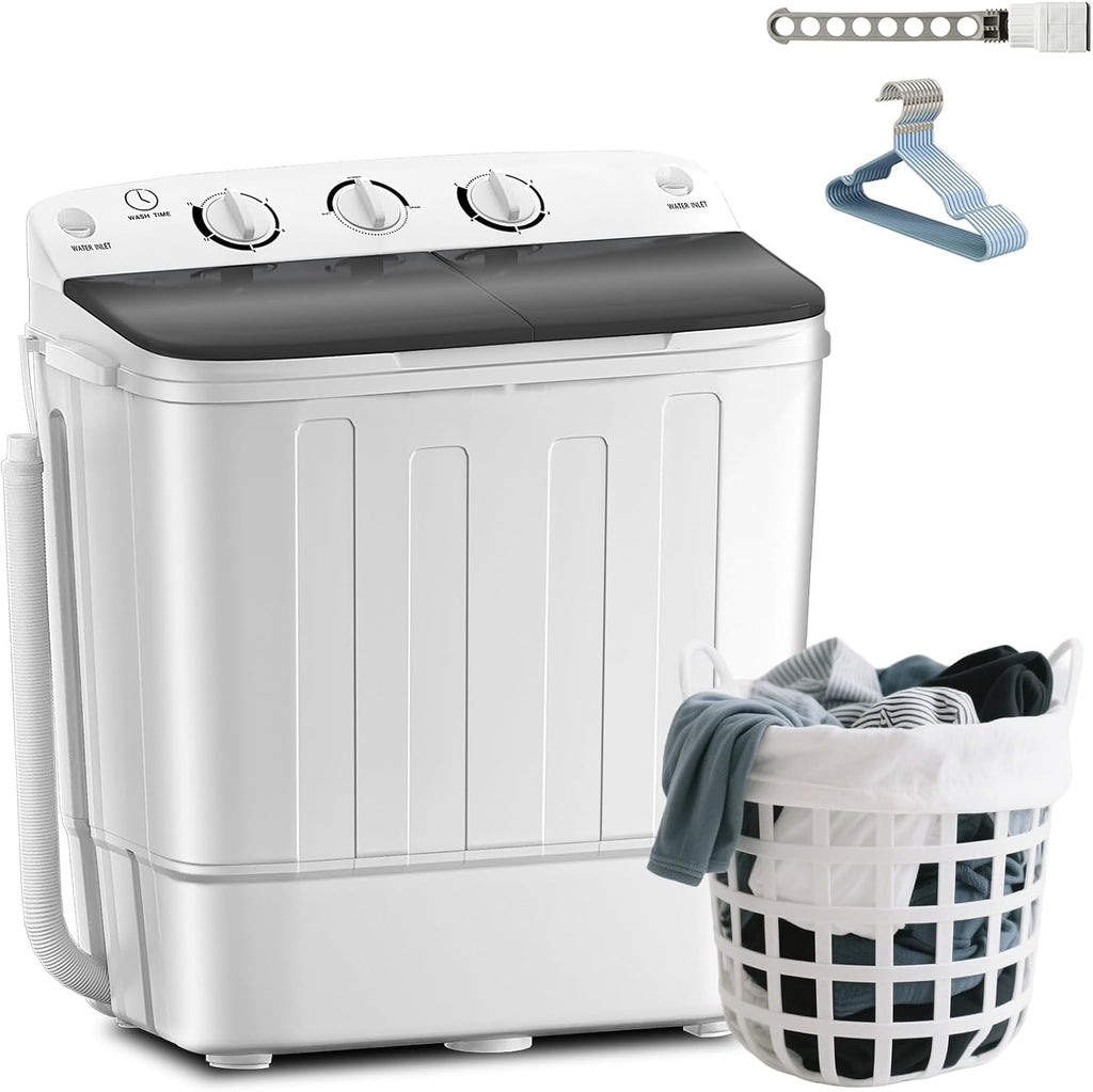 Erivess Compact Portable Mini Twin Tub 18lbs Washing Machine, Get Dry Rack and 10 hangers for free! Washer and Spin Cycle Combo, for Camping, Apartments, Dorms, RVs(Black)