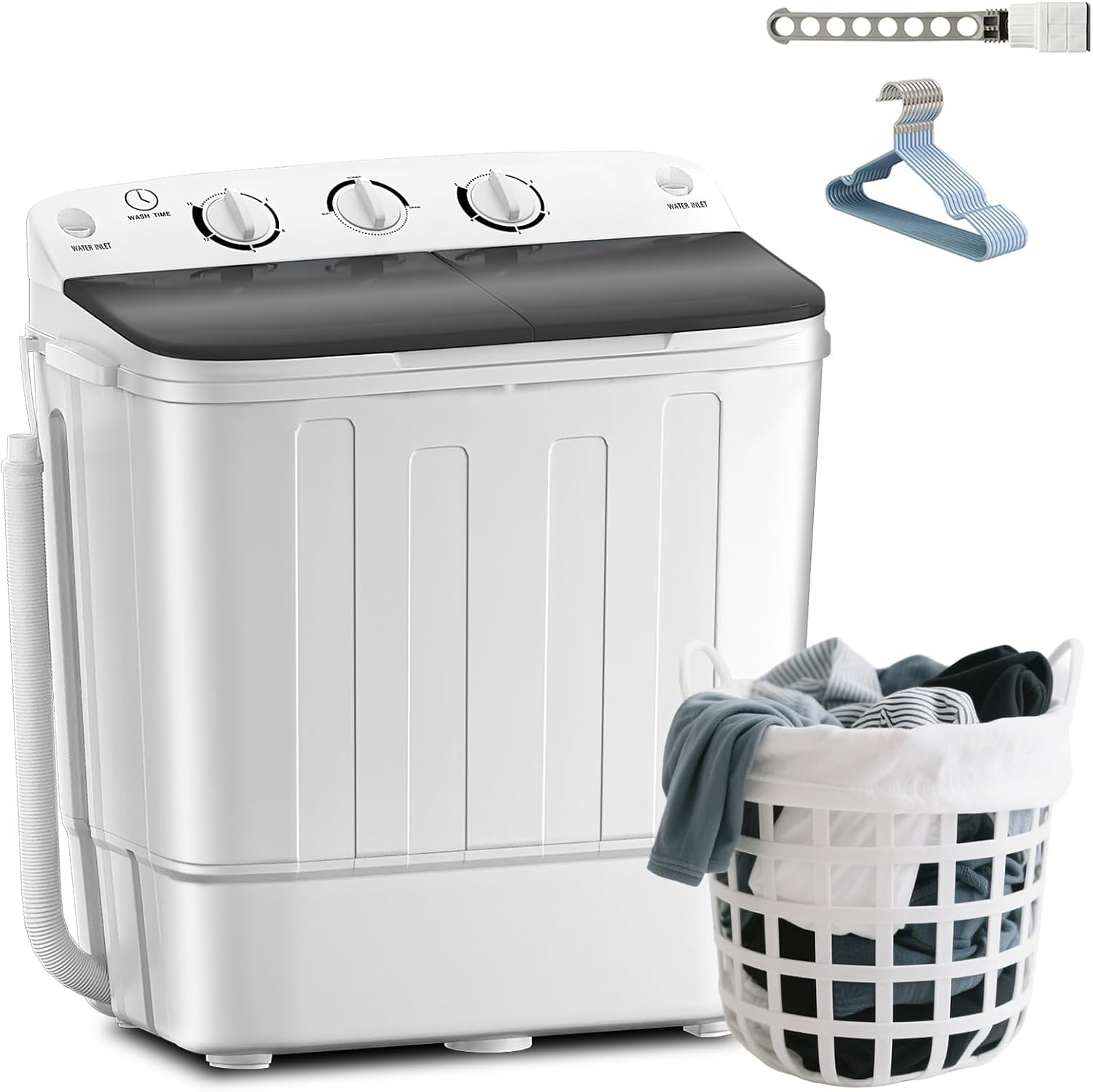 Erivess Compact Portable Mini Twin Tub 18lbs Washing Machine, Get Dry Rack and 10 hangers for free! Washer and Spin Cycle Combo, for Camping, Apartments, Dorms, RVs(Black)