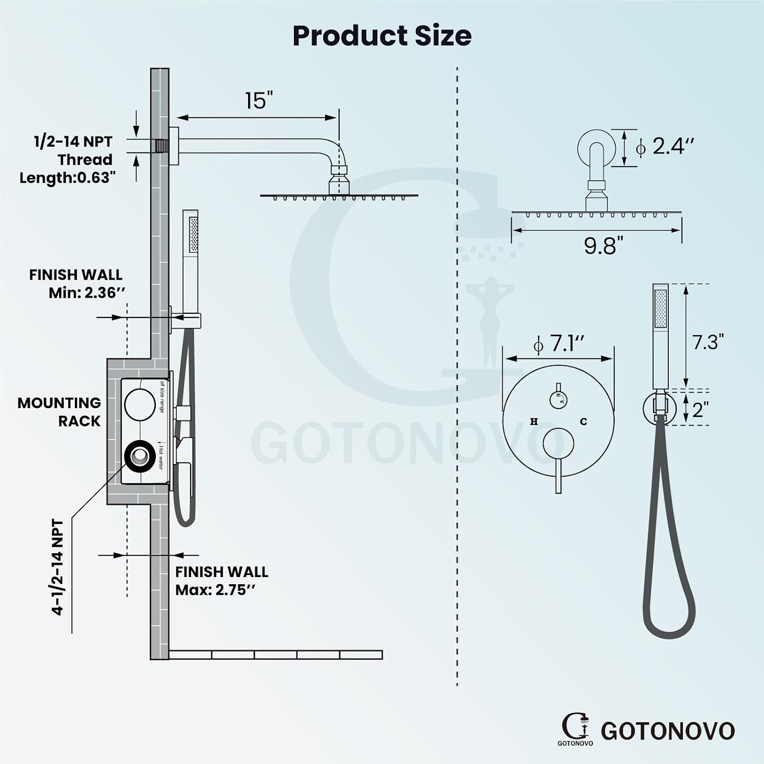 gotonovo Shower System 10 Inch Round Rainfall Showerhead Wall Mounted High Pressure Shower Faucet Set Fixture Combo with Rough in Valve and Cylindrical Handheld Spray, Brushed Gold