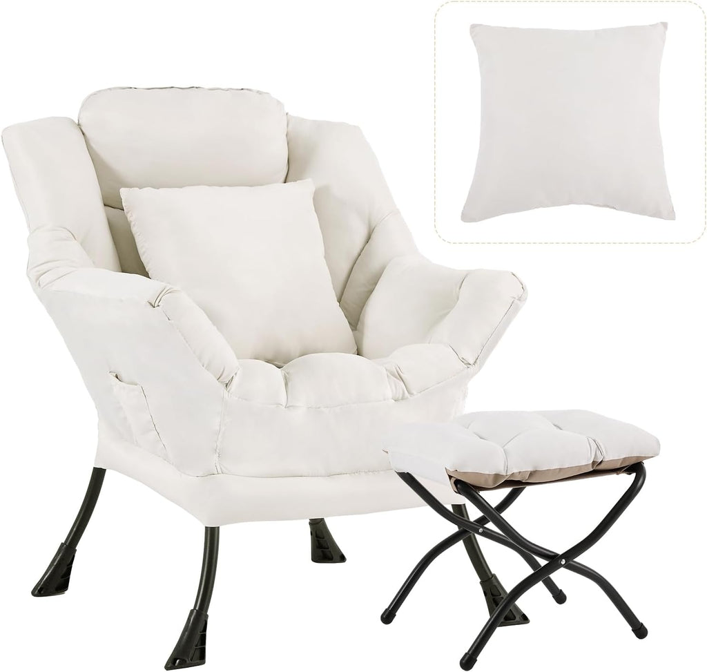 Lazy Chair with Ottoman, Large Accent Chair with Ottoman and a Throw Pillow, Beige Reading Chair for Living Room Bedroom Dorm Room Office Apartment Relaxing Use