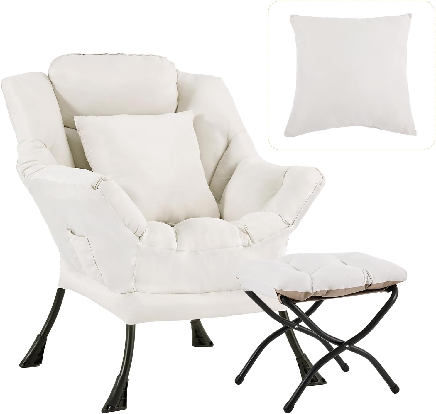 Lazy Chair with Ottoman, Large Accent Chair with Ottoman and a Throw Pillow, Beige Reading Chair for Living Room Bedroom Dorm Room Office Apartment Relaxing Use