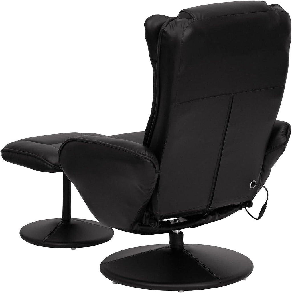 Flash Furniture Poppy Massaging Multi-Position Plush Recliner with Side Pocket and Ottoman in Black LeatherSoft