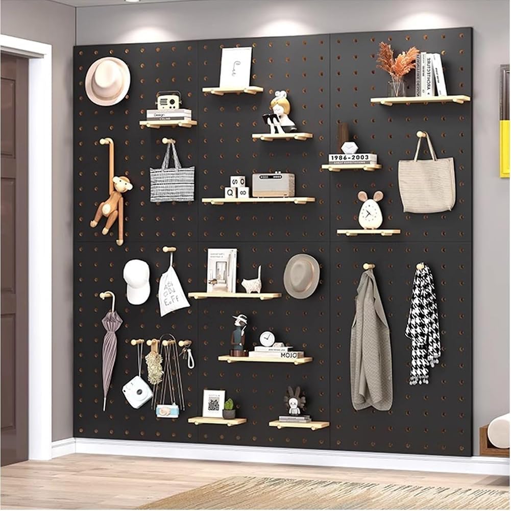 Wooden Pegboard Tool Organizer DIY Storage & Display Panel, Decorative Wall Hook Rack Combo Kit for Kitchen, Study Room, Garage,Black,40 * 60cm