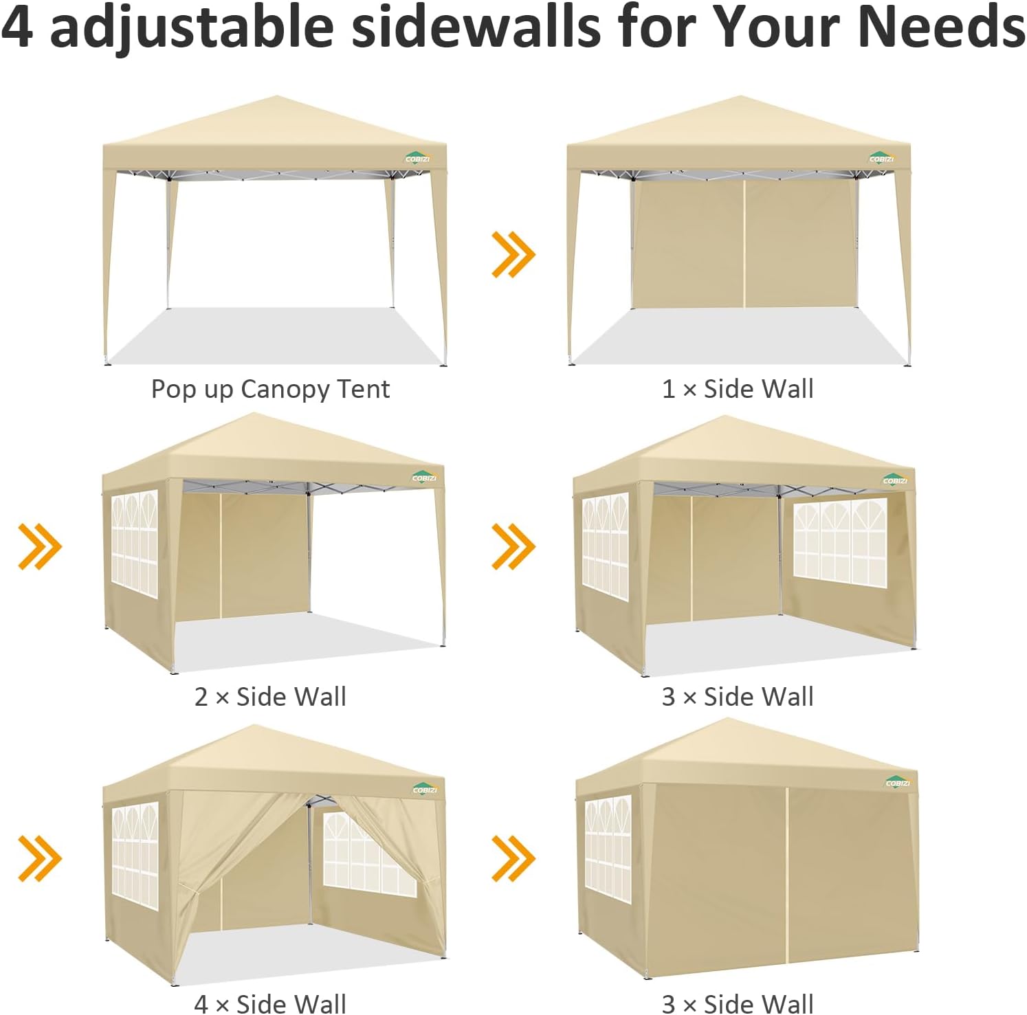 COBIZI 10x10 Pop Up Canopy Tent with 4 Sidewalls,10x10 Easy Up Waterproof Canopy Tents for Parties Camping Exhibition, Outdoor Easy Set U Gazebo Tent with Carry Bag,8 Stakes & 4 Ropes (Khaki)