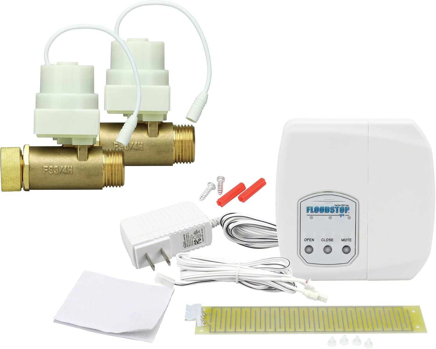FloodStop Washing Machine Leak Detector Kit with Automatic Water Shut-Off and Visual/Audible Alarms, 3/4' Straight, Hot & Cold Valves