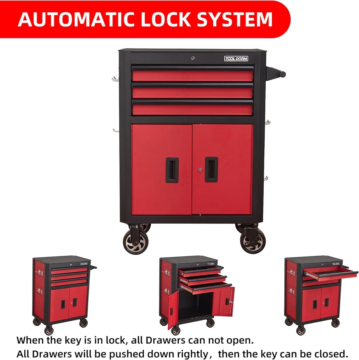 Rolling Tool Chest with Locking Wheels - Tool Box with 3 Drawers & 1 Big Tool Cabinet with 2 Door, 18.5' D x 28' W x 40' H Mobile Tool Storage Cabinet, Heavy-Duty Garage Organizer w/Ergonomic Handle