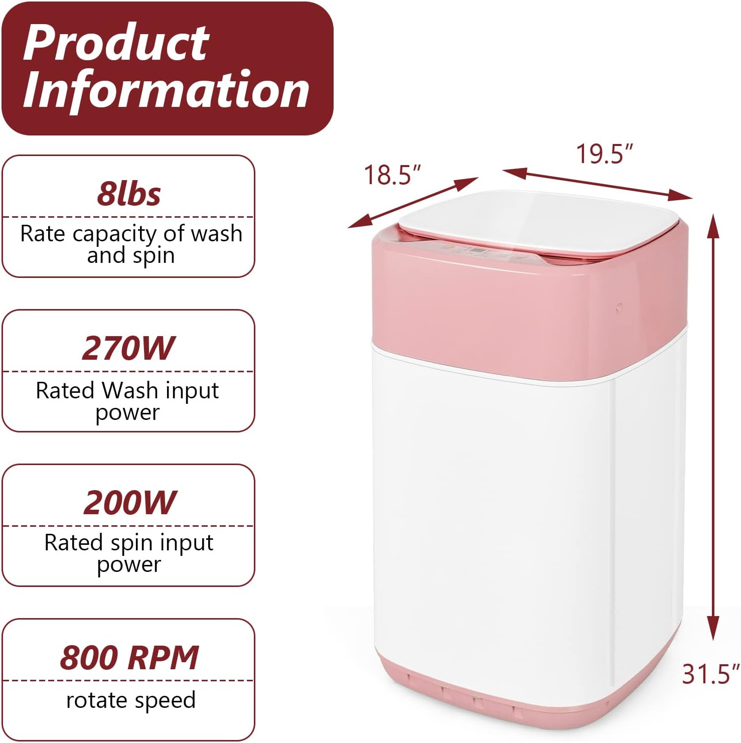 Giantex Portable Washing Machine, Full Automatic Washer and Spinner Combo 8lbs, 1.0 cu.ft 6 Programs 6 Water Levels Built-in Drain Pump, Top Load 2 in 1 Laundry Washer Apartment Dorm (Pink & White)