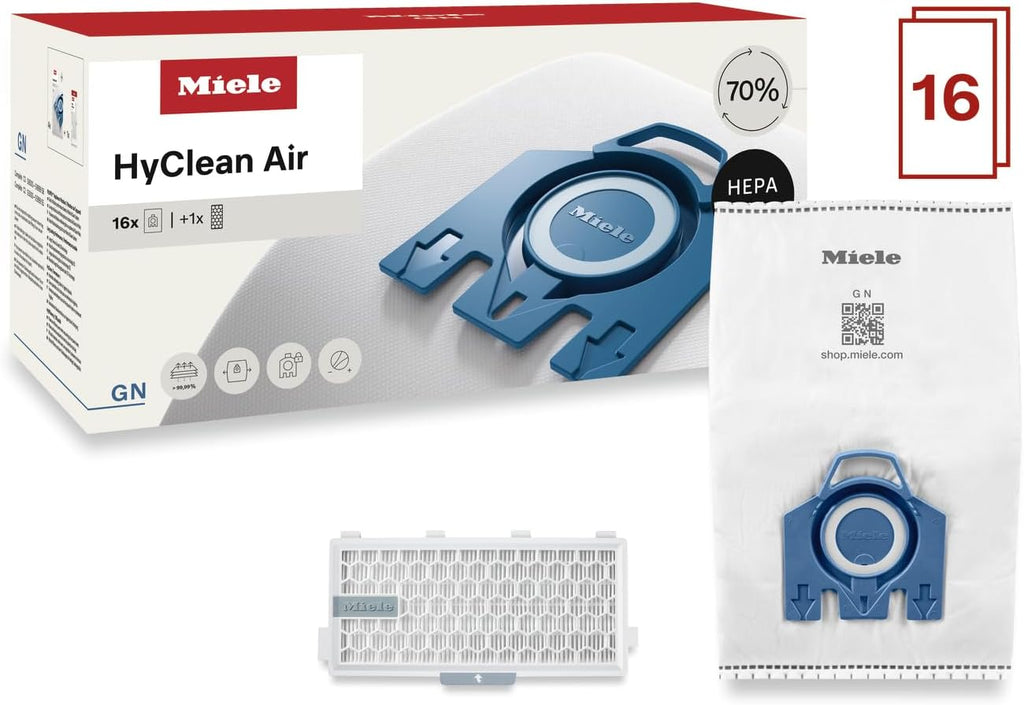 Miele Genuine GN HyClean Air Vacuum Cleaner Bags for Miele Complete C2 & Complete C3 Vacuum Cleaners, Performance Pack of 16 Vacuum Bags and 1 HEPA Filter
