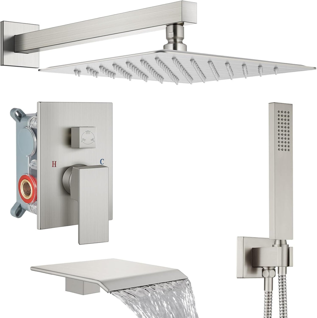 Midanya Shower System with Tub Spout,Bathtub Shower Faucet Set with Square Rainfall Head and Handheld Sprayer Wall Mount Tub Faucet Set with Valve and Trim Kit,12 Inch Brushed Nickel