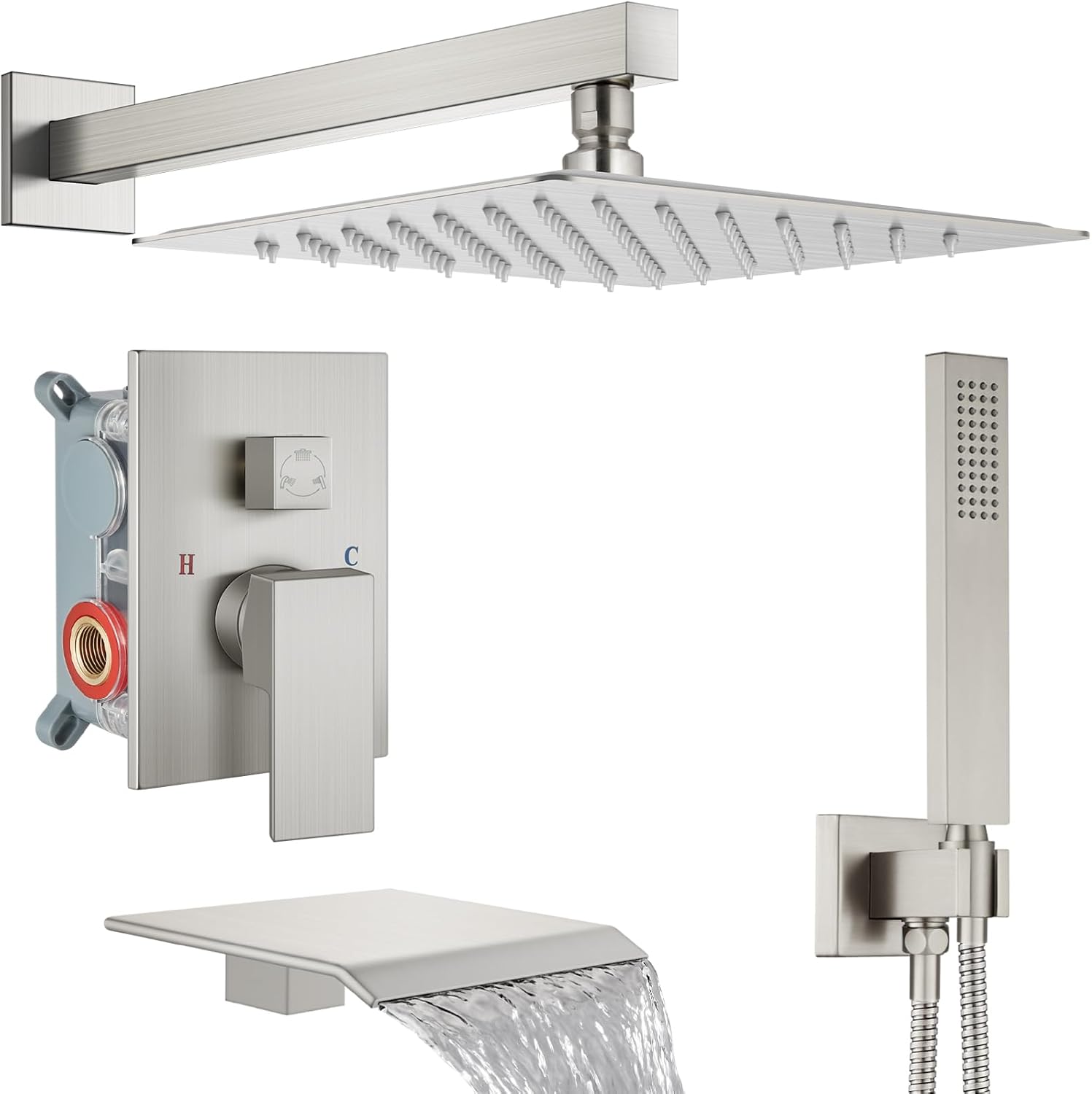 Midanya Shower System with Tub Spout,Bathtub Shower Faucet Set with Square Rainfall Head and Handheld Sprayer Wall Mount Tub Faucet Set with Valve and Trim Kit,12 Inch Brushed Nickel