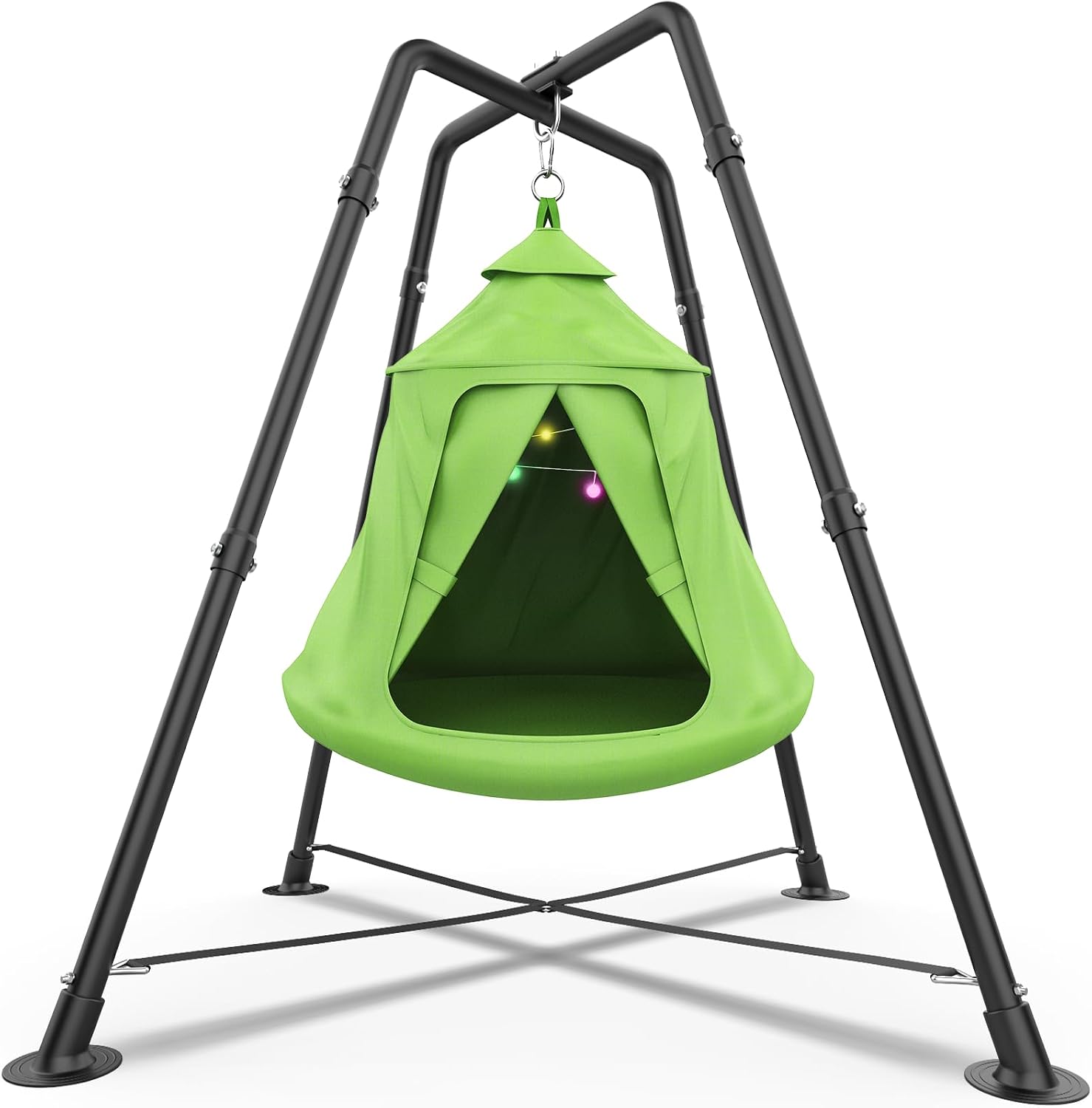 Swing Set with Tent Swing, X-Shaped Swing Frame with Sensory Swing, Tent Swing with Swing Stand, Hammock Chair with Stand, 330 lbs Capacity, w/Rainbow Lights String, Indoor/Outdoor Use(Green)