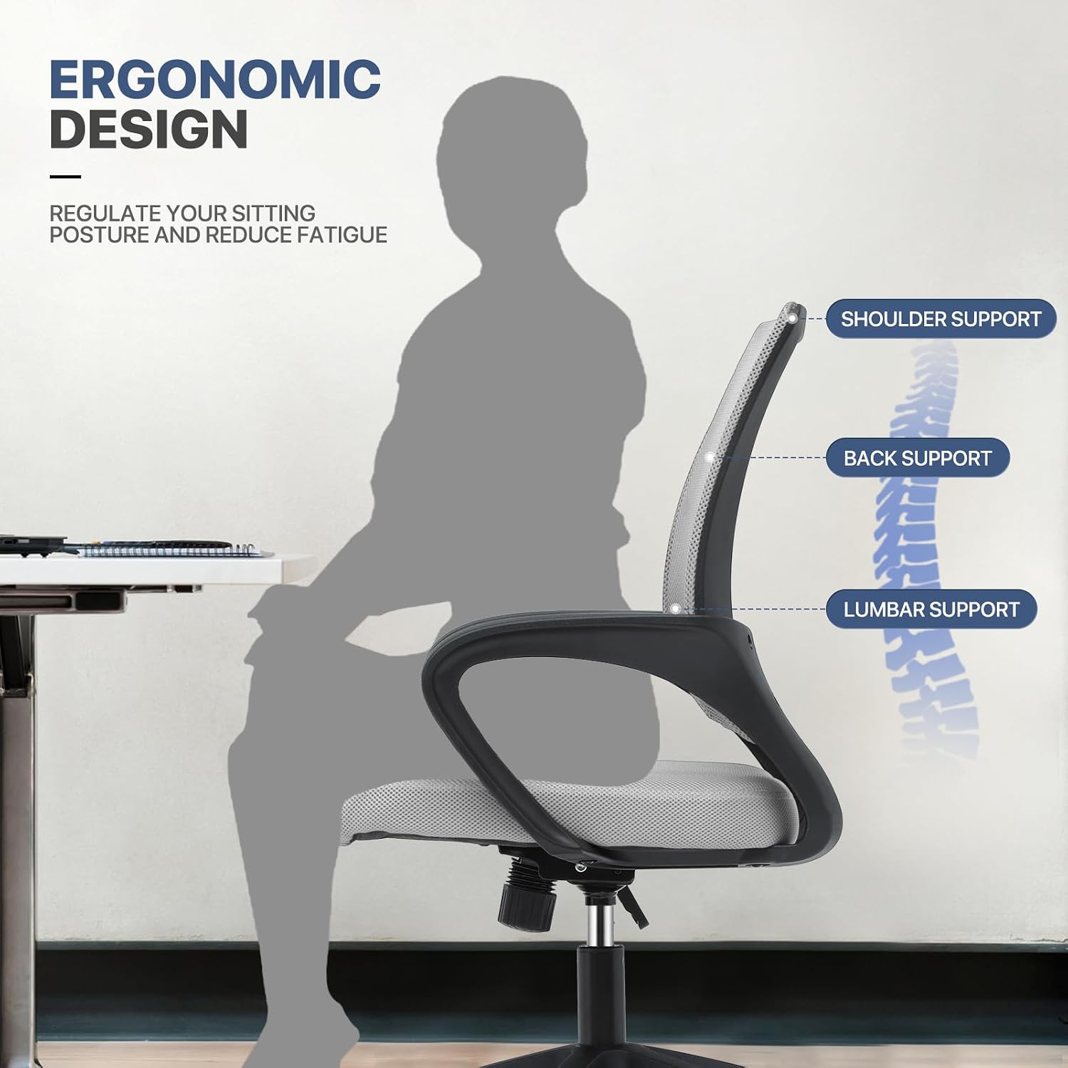 MoNiBloom Mesh Office Chair, Ergonomic Computer Chair for Adults, Rolling Swivel Mid-Back Desk Chair with Lumbar Support, Comfy Armrest for Home Office, Gaming, Light Gray 10 Pack