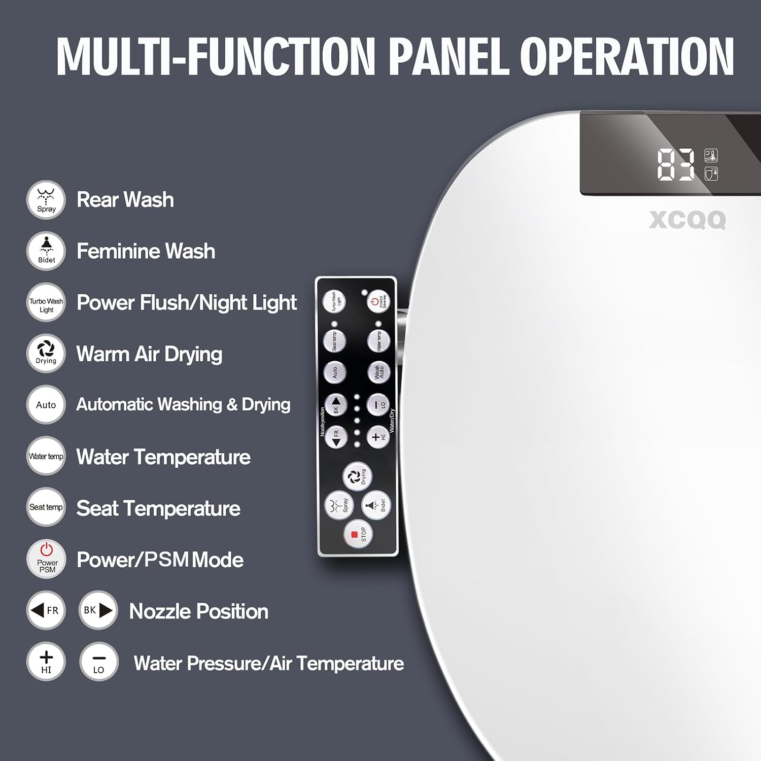 XCQQ Electric Heated Bidet Toilet Seat with Warm Water Wash, Warm Air Dryer, Soft Closed Lid, Night Light, LED Display, Toilet Seat with Bidet Requires Outlet - Elongated