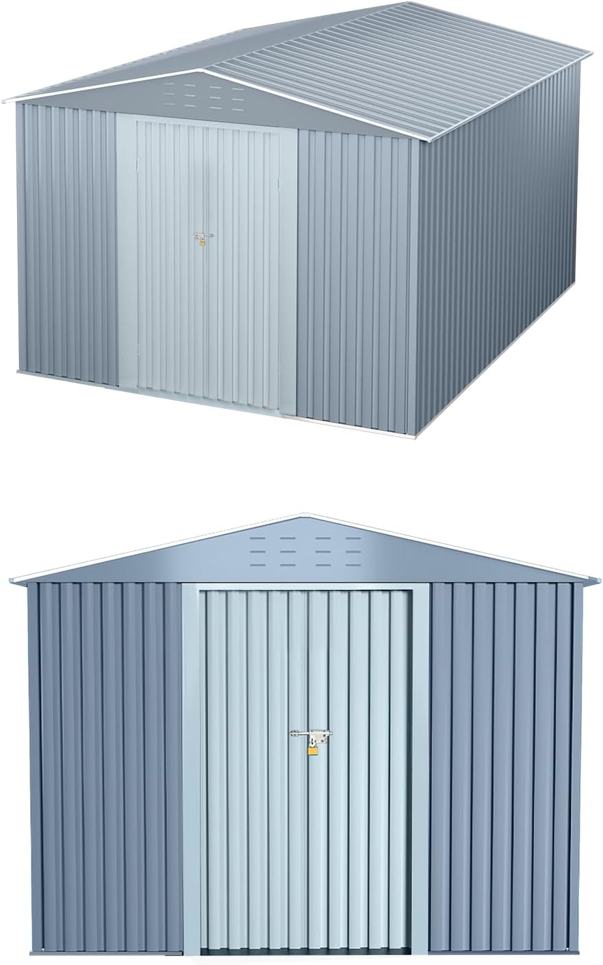 10x12 FT Outdoor Storage Shed, Large Metal Tool Sheds with Sturdy Frame Structure,Sloping Roof and Vents,Updated Reinforced and Lockable Doors Frame for Patio for Backyard,Patio,Garage