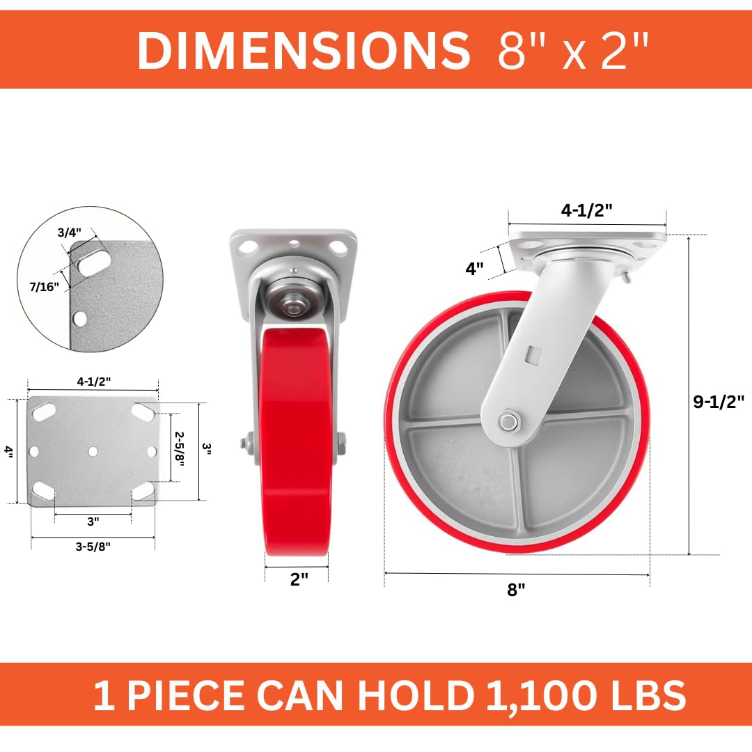 4 Casters Set 8' X 2' Swivel Lock Polyurethane on Cast Iron Wheels No Mark Red (4 Swivel Lock Side Break) for Toolbox or Workbench