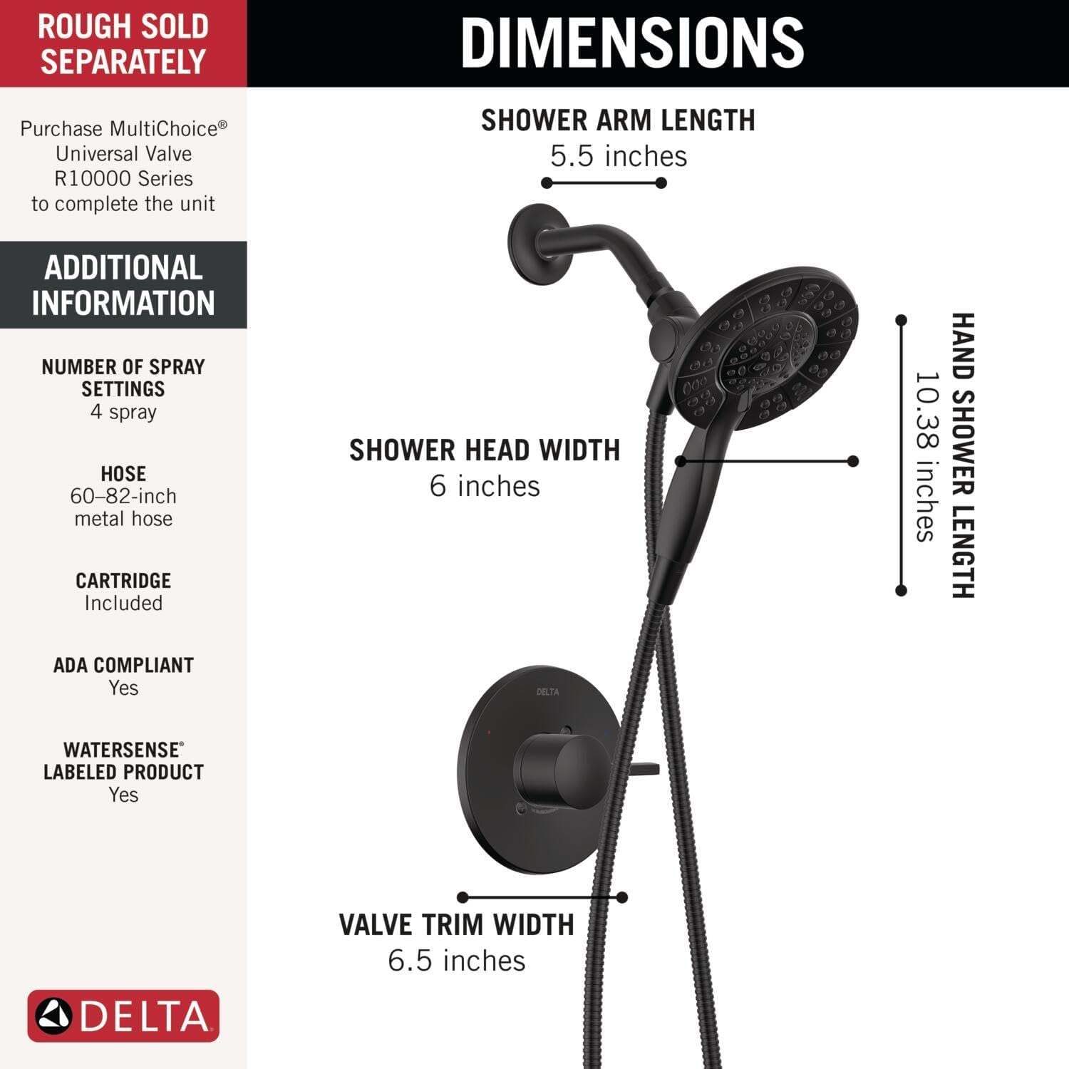 Delta Albion 14 Series Matte Black Shower Faucet Set with In2ition 2-in-1 Dual Shower Head with HandHeld Spray Combo, Valve Trim Kit, Matte Black T142855-BL-I (Valve Not Included)