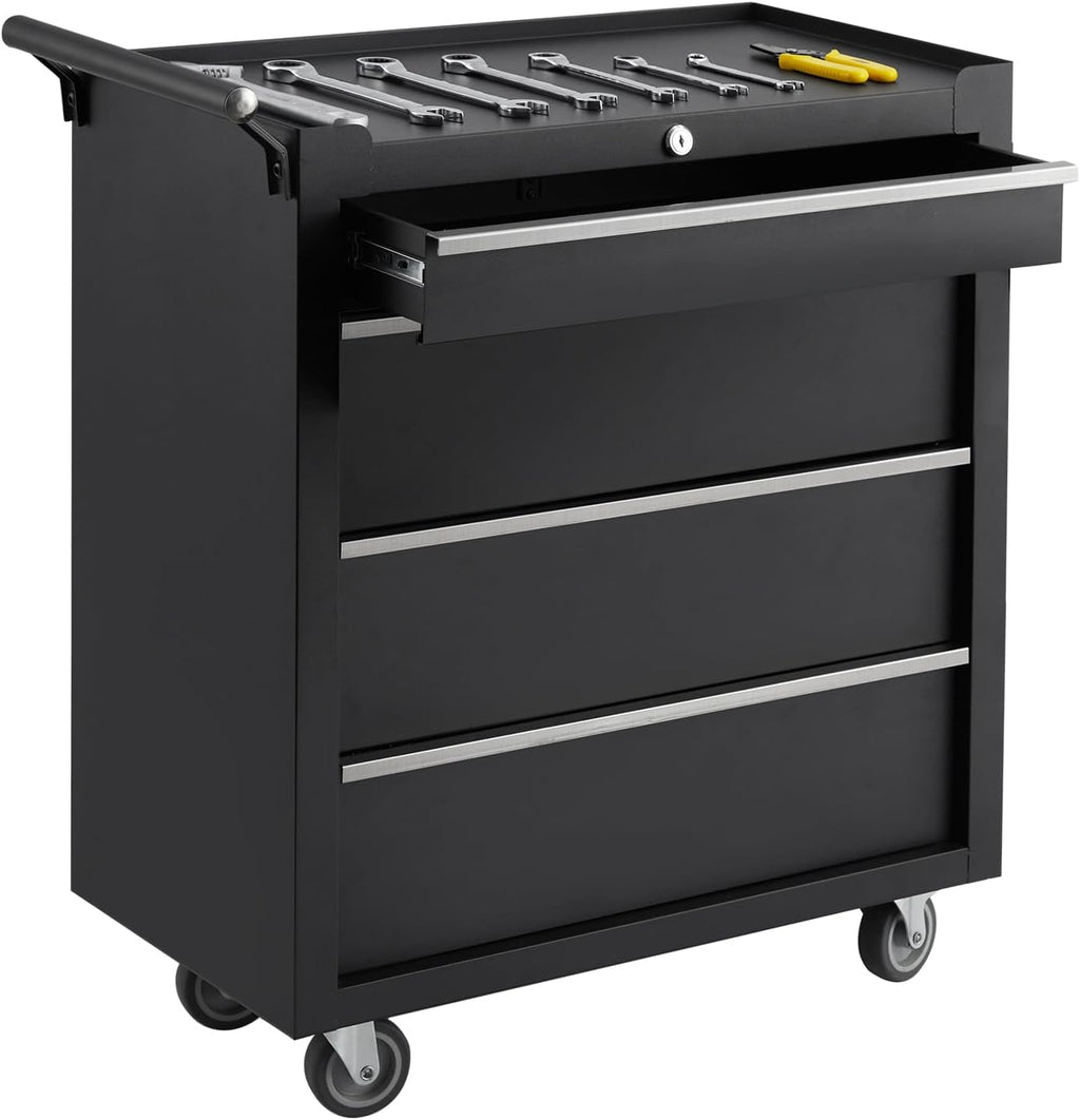 4 Compartment Tool Box 4 Compartment Tool Cart with Drawers Mobile Tool Cabinet with Key Lock and Drawer Liner Black 4 Compartment Drawer for Garages, Warehouses, Workshops and Repair Shops