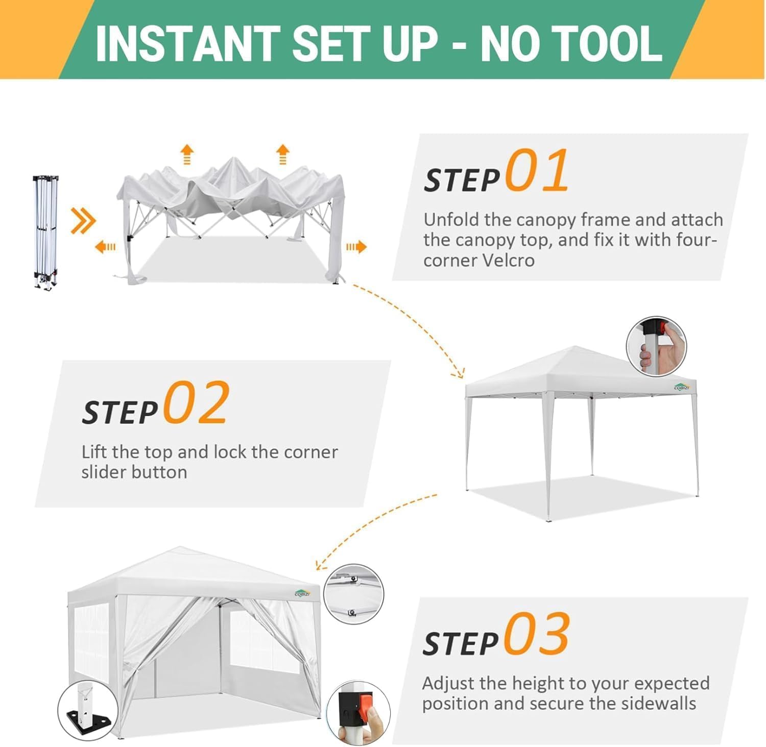 COBIZI 10x10 Pop Up Canopy Tent with 4 Sidewalls Party Tents Waterproof UPF 50+ Commercial Instant Outdoor Events Tent for Parties Markets Backyard, Ropes（10 x 10 ft White