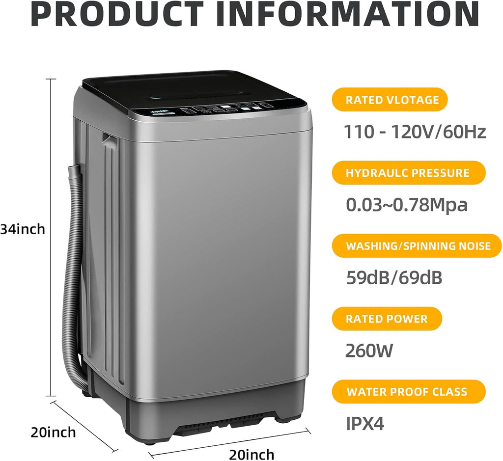 Portable Washing Machine 17.7lbs Full-Automatic Compact Washing Machine for Apartment, 10 Wash Program Small Washer for Dorm, Portable Washer Machines for RV, Home, Grey